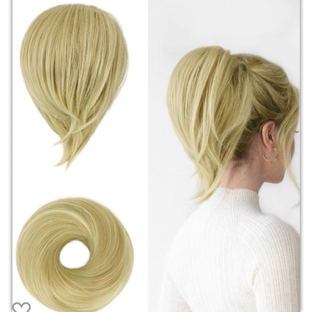 Hair Bun Ponytail Extension Straight Synthetic Hairpiece Buttery Ash Blonde Mix.